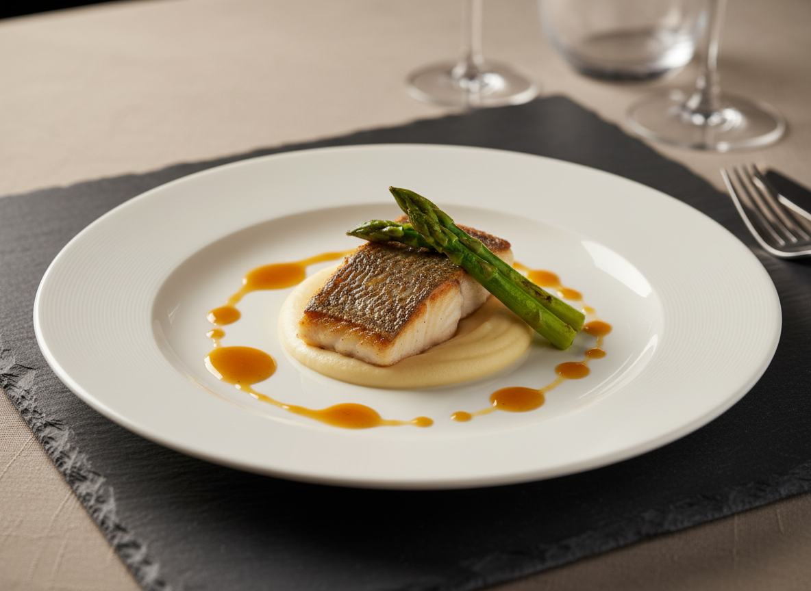 A close-up, photographic realism shot of a meticulously plated kosher main course: a seared fillet of fish with crisp, golden skin resting atop a smooth parsnip purée, accented with vibrant green asparagus spears and a glossy citrus reduction artistically drizzled around the plate. The dish is presented on a large, matte white porcelain plate set on a dark charcoal stone table. Soft, directional studio lighting from the left casts delicate highlights on the sauce and vegetables, creating subtle shadows for depth. The background is a gentle bokeh of neutral tones and blurred glassware, maintaining a calm, sophisticated mood. Framed using the rule of thirds from a slightly elevated angle, the composition emphasizes precision, refinement, and modern kosher fine dining.