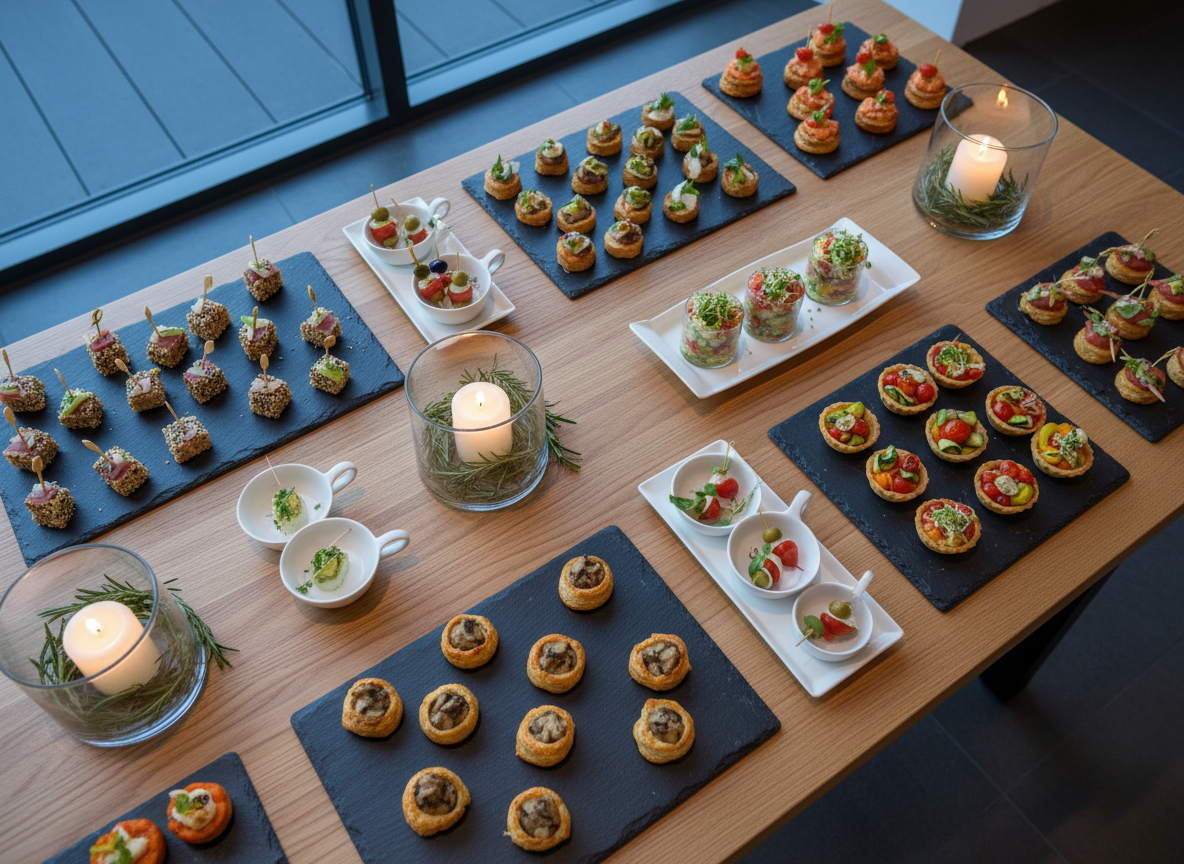 An overhead, photographic view of a refined kosher appetizer display designed for a cocktail reception: geometric slate boards and small white porcelain dishes arranged on a pale oak buffet, each holding bite-sized canapés, vibrant vegetable tartlets, and miniature stacked salads with precise garnishes. In between, low glass vessels with floating white candles and sprigs of rosemary add a subtle, aromatic touch. Cool, diffused evening light from a nearby window combines with warm recessed ceiling lighting, creating a balanced, inviting glow and gentle reflections on the glass. The composition is carefully structured with clean lines and negative space, evoking a calm, organized, and sophisticated atmosphere ideal for showcasing upscale kosher event catering.