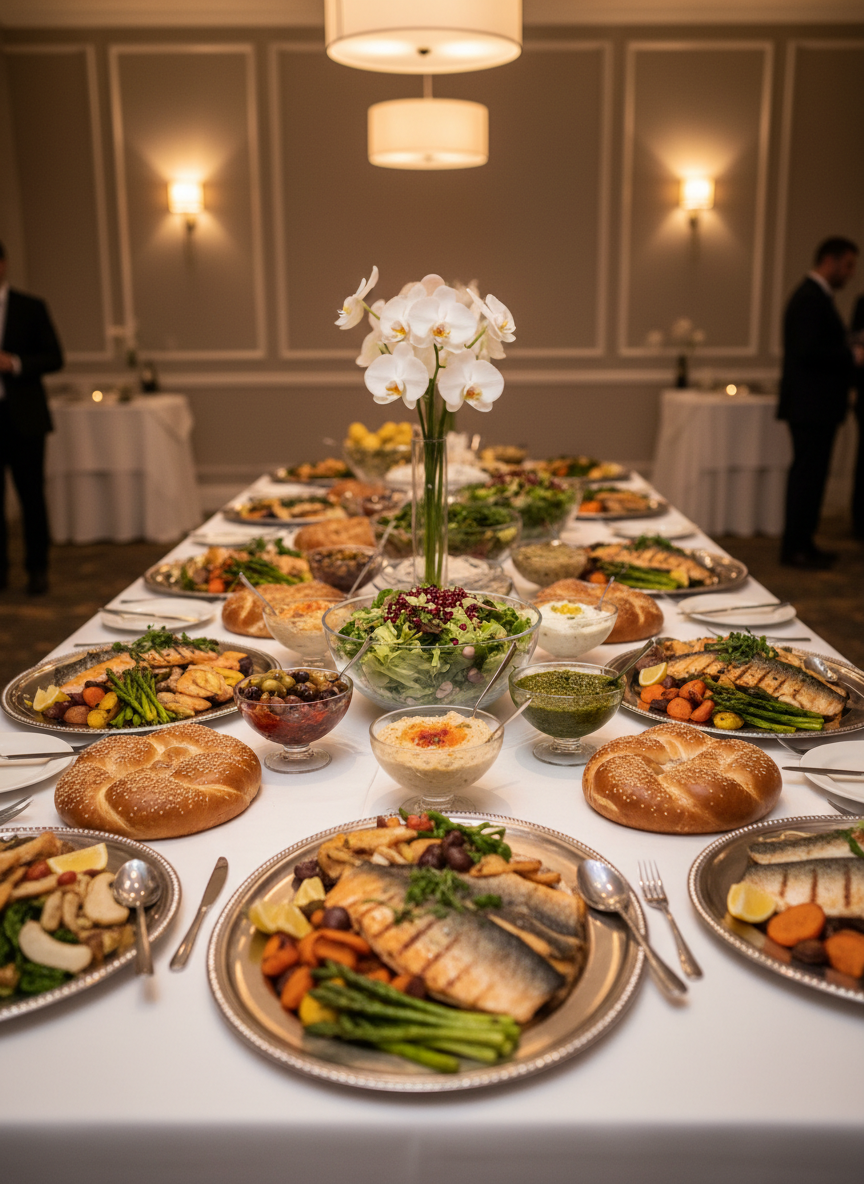 An elegant kosher catering spread displayed on a long, matte-white linen-draped table, showcasing polished silver platters of artfully arranged roasted vegetables, delicate fish fillets, vibrant salads, and artisan challah loaves. Crystal serving bowls of colorful dips and garnishes are spaced with precise symmetry. The setting is a refined indoor event space with soft taupe walls and a minimal floral centerpiece of white orchids. Warm, diffused overhead lighting and subtle wall sconces create gentle highlights on the silver and glassware. Photographed at eye level with a shallow depth of field, the foreground dishes are in crisp focus while the background softly blurs, conveying a sophisticated, modern, photographic realism perfectly suited for a high-end kosher caterer’s homepage hero image.