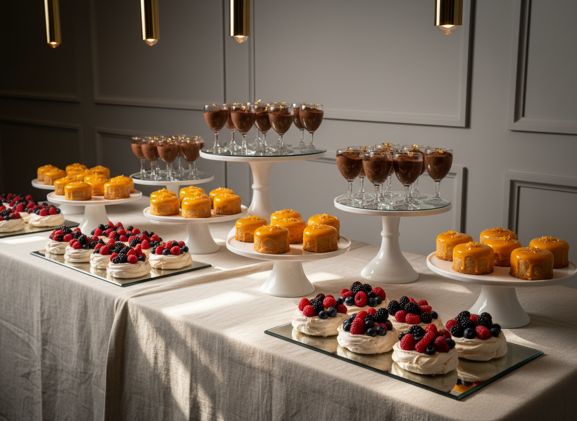 A luxurious kosher dessert table captured in photographic realism, featuring a tiered display of elegant pastries: dark chocolate mousse cups in clear glass, almond-orange cakes with glossy glaze, and individual pavlovas topped with jewel-like fresh berries. Each dessert is meticulously arranged on varying heights of white ceramic stands and mirrored trays, set against a backdrop of a soft gray wall with subtle paneling. Overhead pendant lighting with warm, focused beams creates delicate highlights on the glazes and glass, while casting soft, elongated shadows on the linen-draped table. Shot at a slightly low angle to emphasize height and abundance, with a medium depth of field so each layer of desserts remains sharply defined, the mood is indulgent yet refined, perfect for a sophisticated kosher events website.